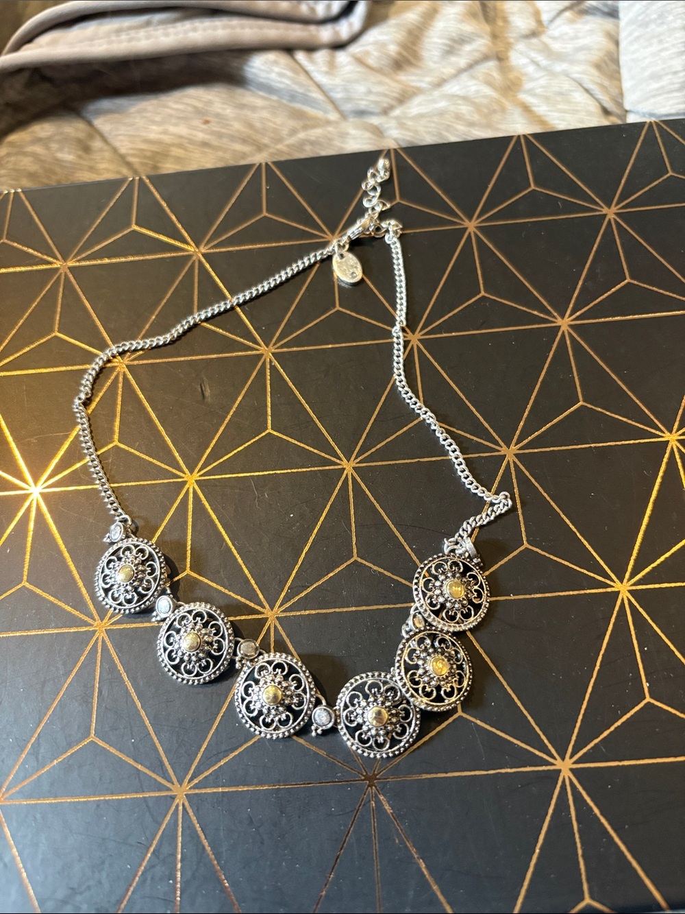 Silver-Tone Filigree Medallion Necklace with Gold Accent